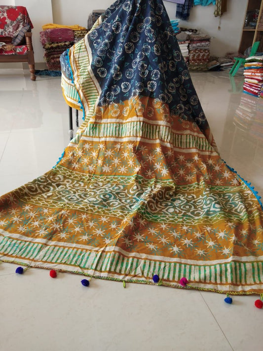 Blue Yellow Bagru Printed Pure Cotton Sarees - Dailybuyys