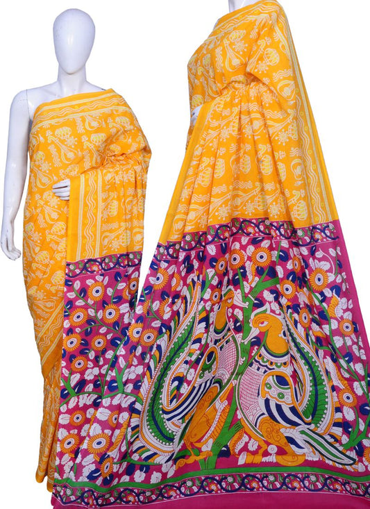 Yellow Bagru Printed Pure Cotton Sarees - Dailybuyys