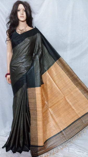 Black Orange Pure Silk Mark Certified Tussar Ghicha Silk Sarees