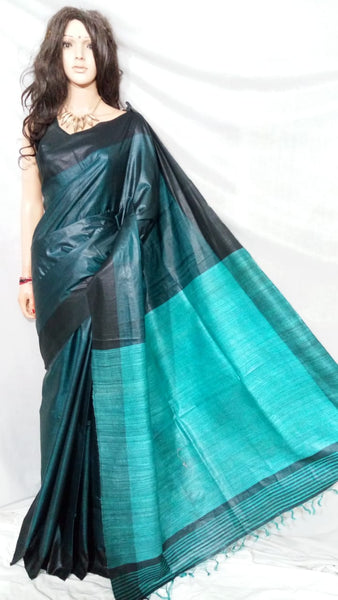 Blue Pure Silk Mark Certified Tussar Ghicha Silk Sarees