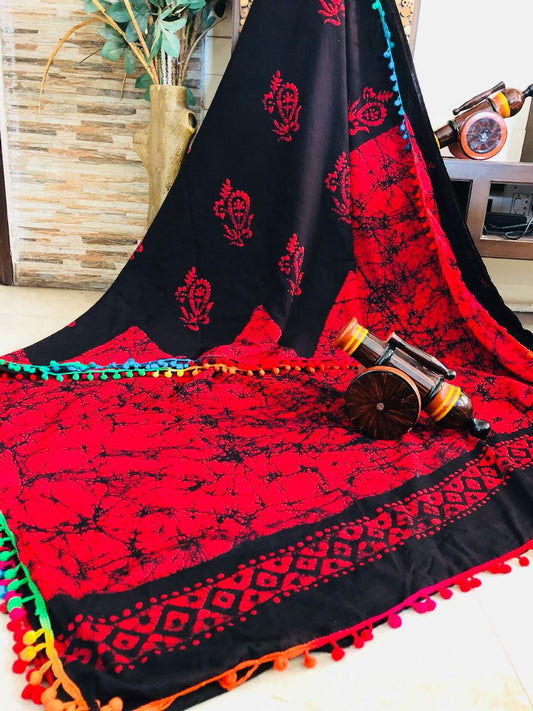 Red Black Mulmul Batik Sarees - Dailybuyys