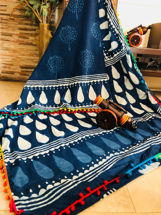 Blue Mulmul Batik Sarees - Dailybuyys