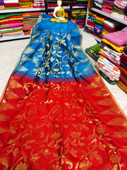 Blue Red Dhakai Jamdani Sarees - Dailybuyys