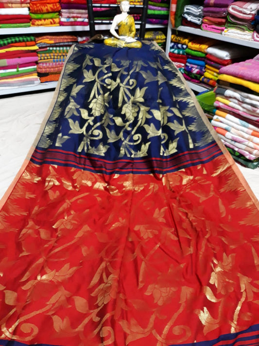 Blue Red Dhakai Jamdani Sarees - Dailybuyys