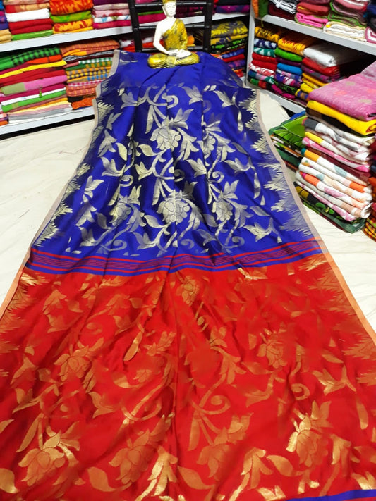 Blue Red Dhakai Jamdani Sarees - Dailybuyys