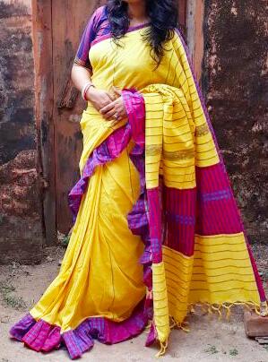 Yellow Violet Bengal Handloom Khadi Sarees