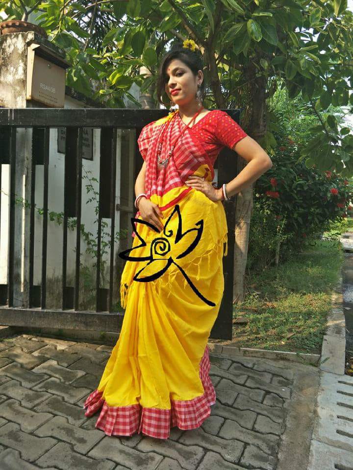 Yellow Pink Bengal Handloom Khadi Sarees
