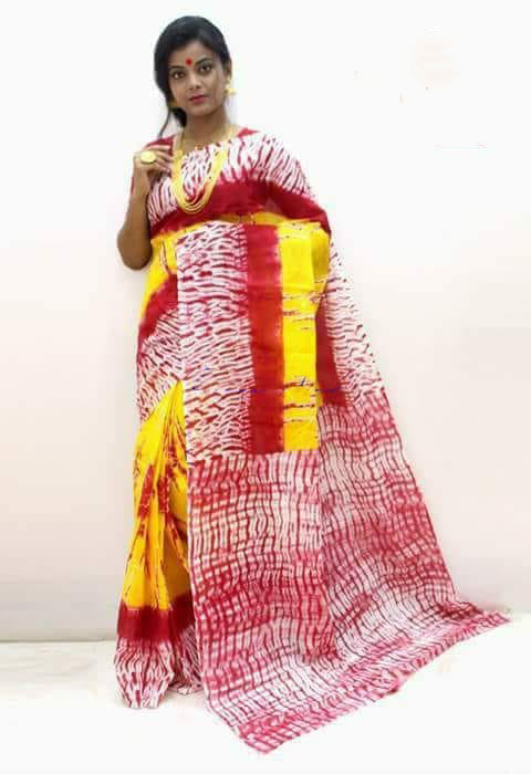 Yellow Red Mulmul Batik Sarees - Dailybuyys