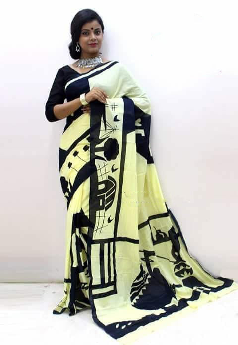 Pale Yellow and Black Mulmul Batik Sarees - Dailybuyys