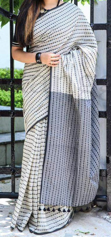 Khadi Khesh Cotton Saree With Maroon and Grey Stripe - Byhand I