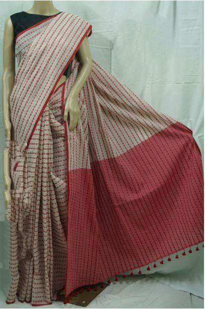 Beige Maroon Bengal Handloom Khadi Sarees - Dailybuyys