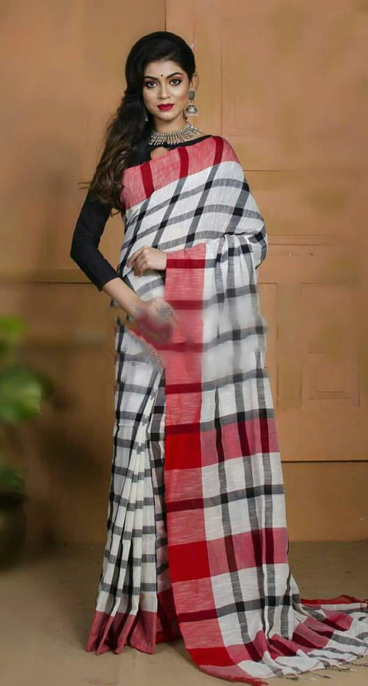 Red Beige Bengal Handloom Khadi Sarees - Dailybuyys