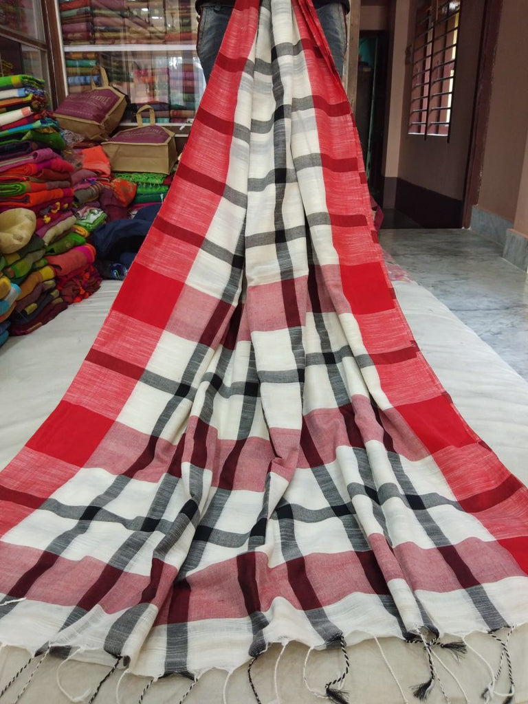 Red White Bengal Handloom Khadi Sarees