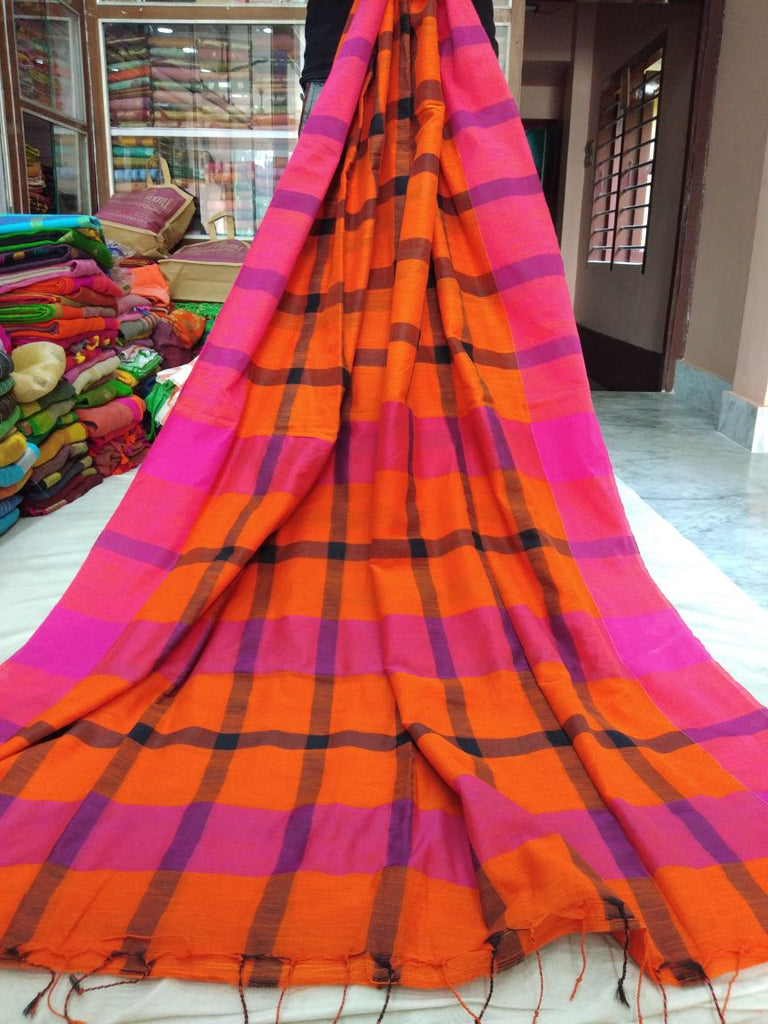 Orange Purple Bengal Handloom Khadi Sarees