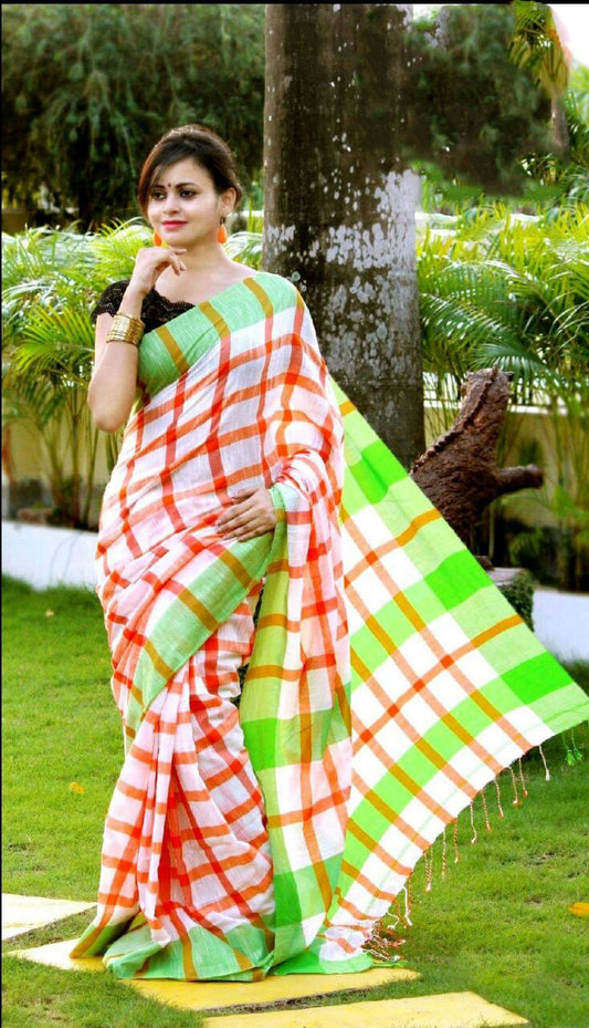 Green Beige Bengal Handloom Khadi Sarees - Dailybuyys