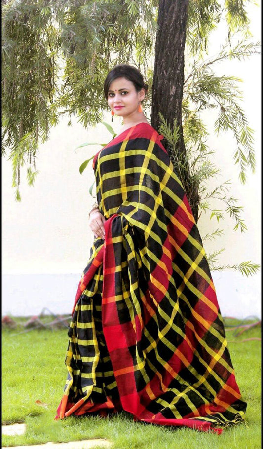 Black Red Bengal Handloom Khadi Sarees - Dailybuyys