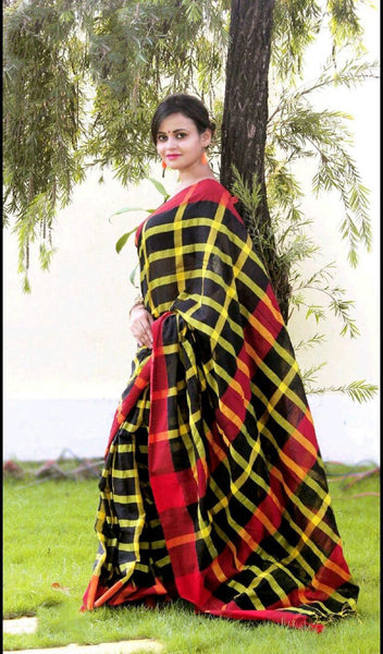 Black Red Bengal Handloom Khadi Sarees