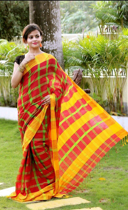 Red Yellow Bengal Handloom Khadi Sarees - Dailybuyys