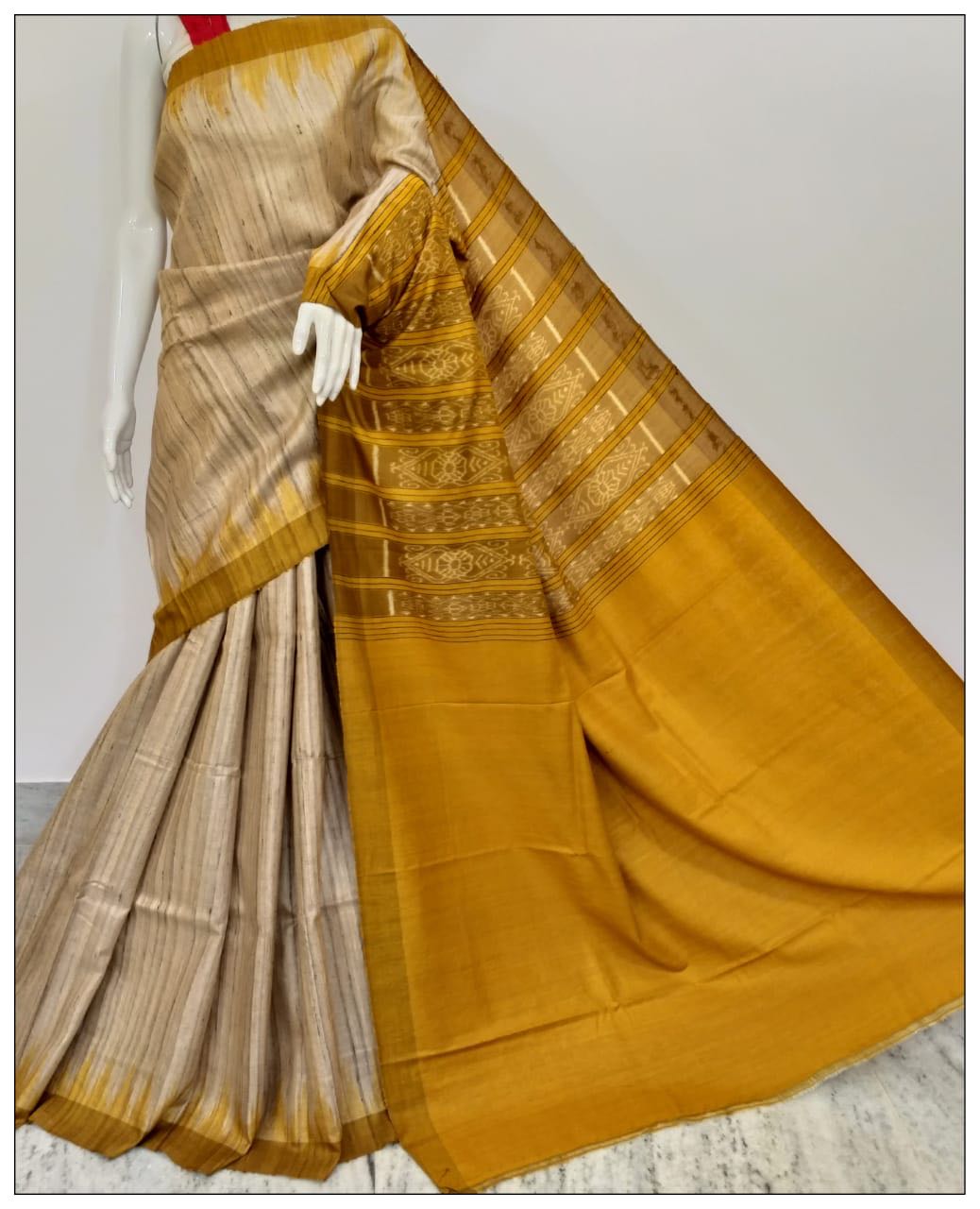 Yellow Beige Sambalpuri Pure Silk Mark Certified Tussar Ghicha Silk Sarees - Dailybuyys