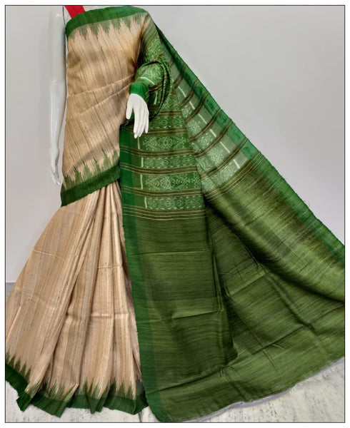 Green Beige Sambalpuri Pure Silk Mark Certified Tussar Ghicha Silk Sarees
