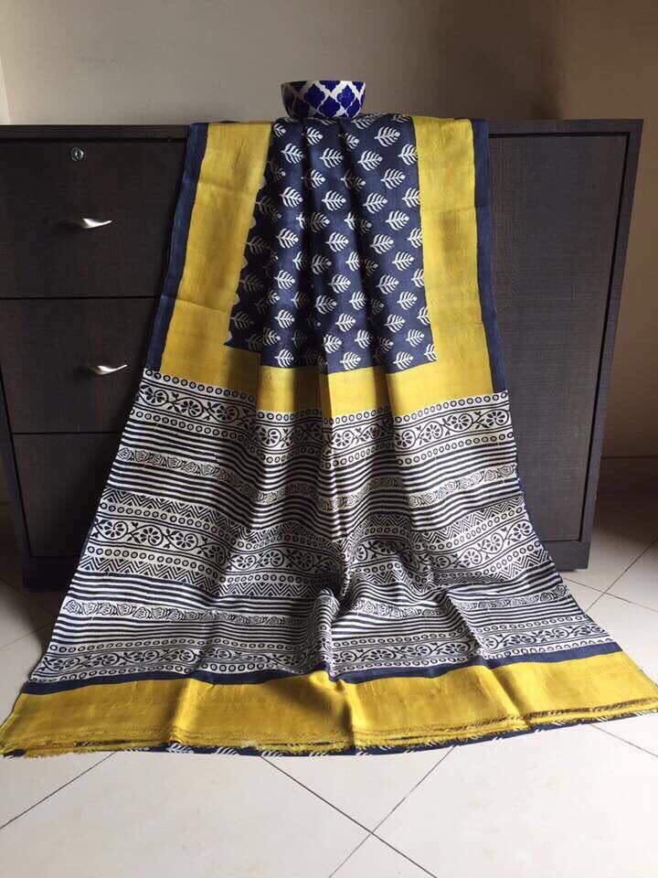 Blue Block Printed Pure Silk Mark Certified Tussar Silk Sarees - Dailybuyys