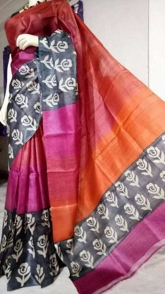 Black Purple Block Printed Pure Silk Mark Certified Tussar Silk Sarees - Dailybuyys