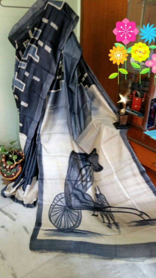 Black Grey  Hand Painted Zari Border Pure Silk Mark Certified Tussar Silk Sarees - Dailybuyys