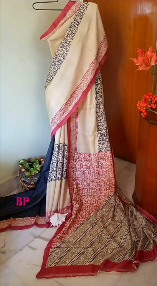 Beige Blue  Block Printed Zari Border Pure Silk Mark Certified Tussar Silk Sarees - Dailybuyys