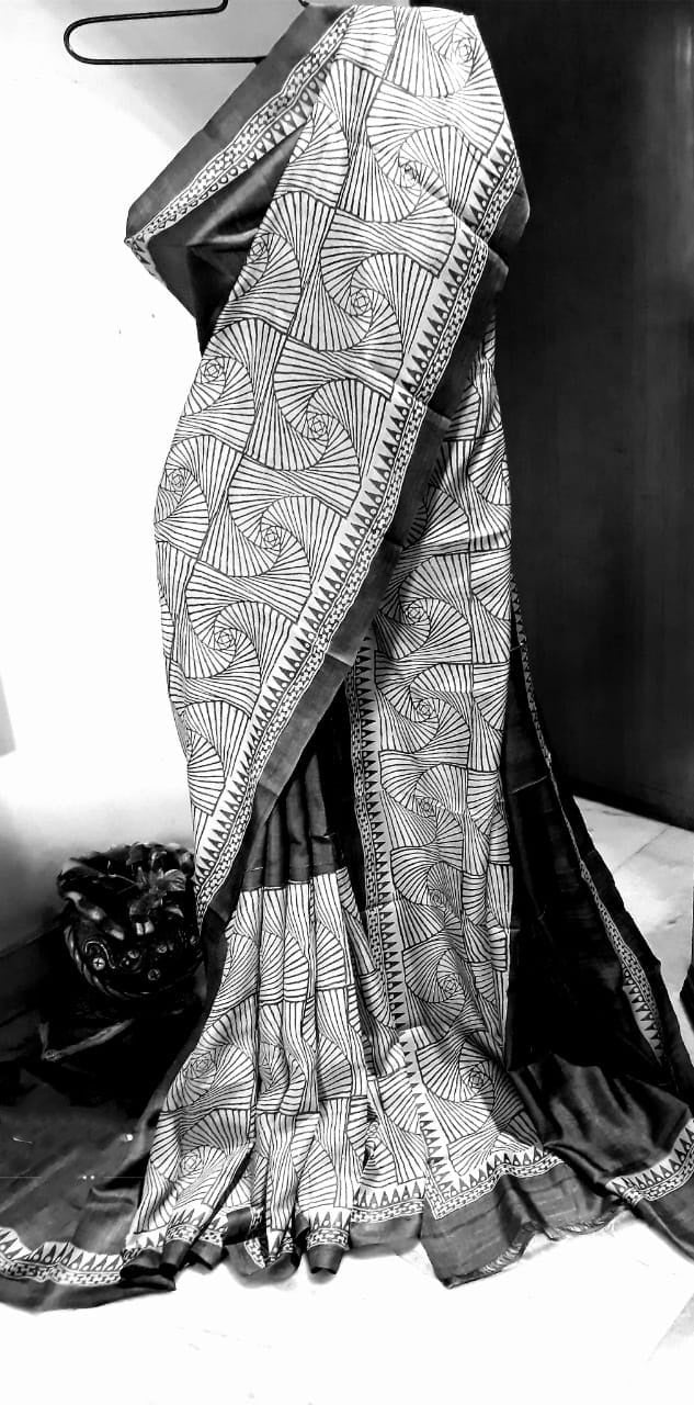 Grey Black KK  Block Printed Zari Border Pure Silk Mark Certified Tussar Silk Sarees