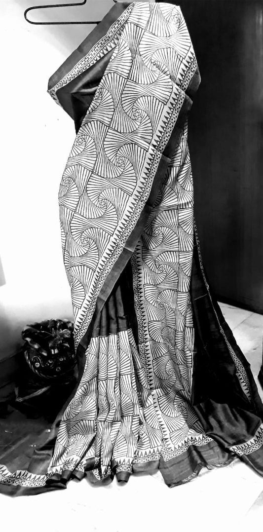 Grey Black KK  Block Printed Zari Border Pure Silk Mark Certified Tussar Silk Sarees - Dailybuyys