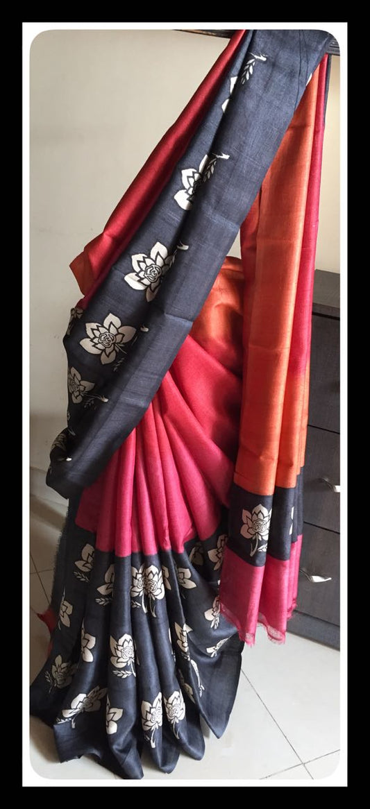 Red Blue Block Printed Pure Silk Mark Certified Tussar Silk Sarees - Dailybuyys
