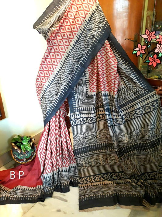 Red Grey Block Printed Pure Silk Mark Certified Tussar Silk Sarees - Dailybuyys