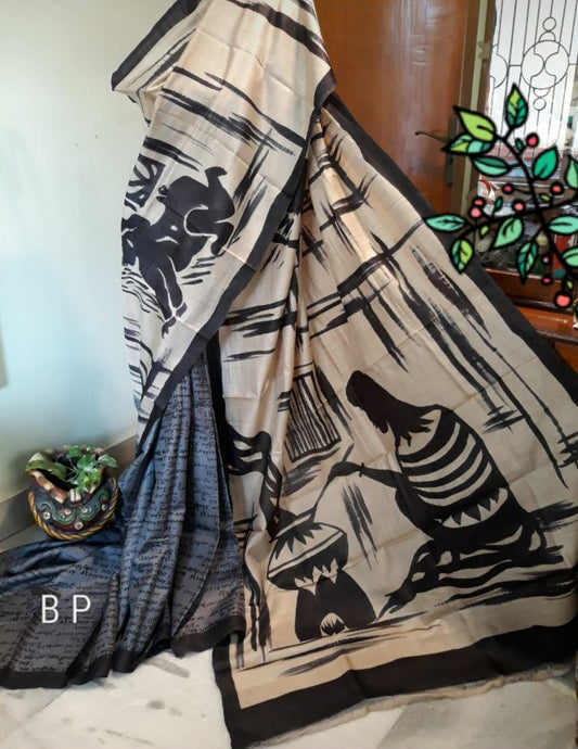 Grey Beige KK  Hand Painted Zari Border Pure Silk Mark Certified Tussar Silk Sarees - Dailybuyys