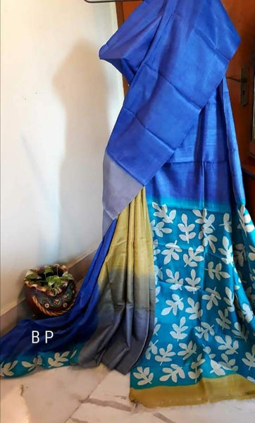 Blue Block Printed Pure Silk Mark Certified Tussar Silk Sarees