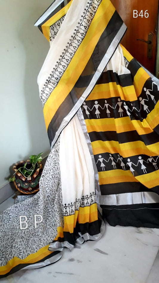 Beige Yellow KK Kerala Pure Cotton Sarees - Dailybuyys