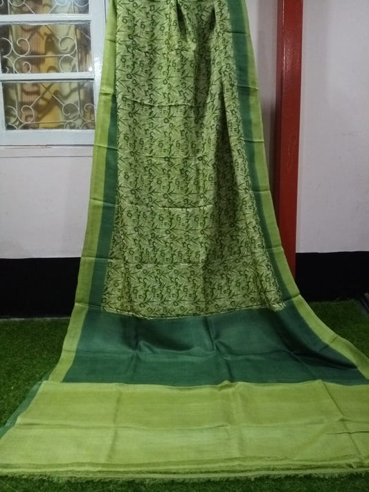 Green Glamour  Block Printed Zari Border Pure Silk Mark Certified Tussar Silk Sarees - Dailybuyys