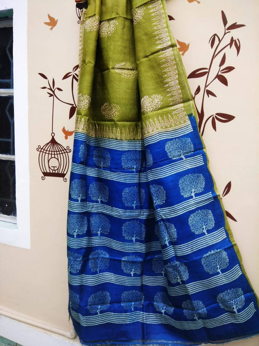 Blue Green  Block Printed Zari Border Pure Silk Mark Certified Tussar Silk Sarees - Dailybuyys