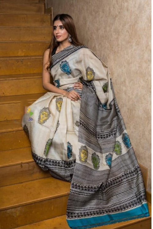 Beige Pure Silk Mark Certified Tussar Block Printed Silk Sarees - Dailybuyys