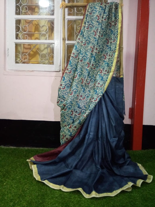 Blue Beige Block Printed  Zari Border Pure Silk Mark Certified Tussar Silk Sarees - Dailybuyys
