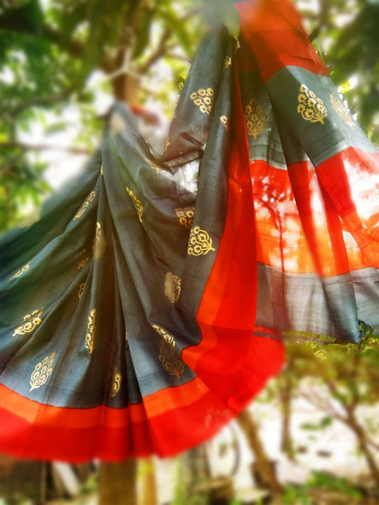 Grey Orange Glamour  Block Printed Zari Border Pure Silk Mark Certified Tussar Silk Sarees - Dailybuyys