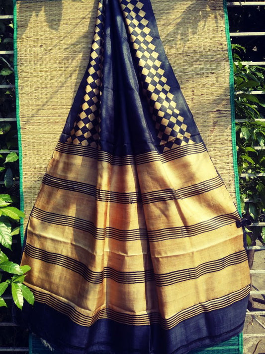 Blue Yellow Glamour  Block Printed Zari Border Pure Silk Mark Certified Tussar Silk Sarees - Dailybuyys