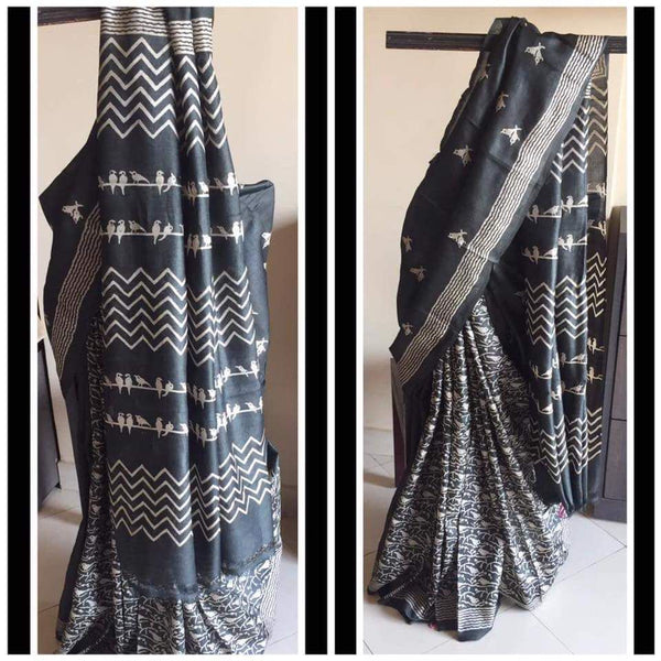 Grey Glamour  Block Printed Zari Border Pure Silk Mark Certified Tussar Silk Sarees