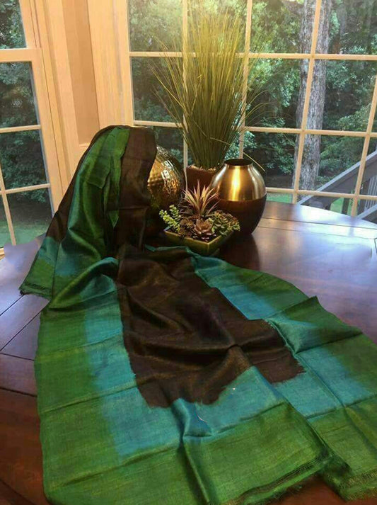 Green Brown Glamour  Block Printed Zari Border Pure Silk Mark Certified Tussar Silk Sarees - Dailybuyys