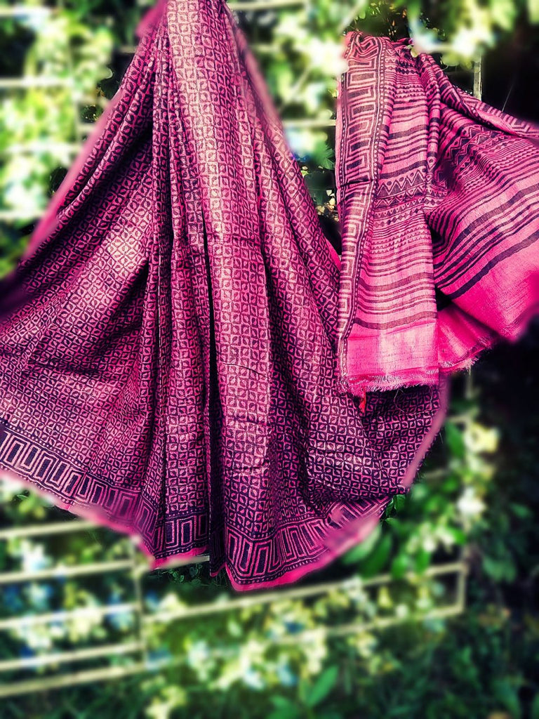 Purple Glamour  Block Printed Zari Border Pure Silk Mark Certified Tussar Silk Sarees