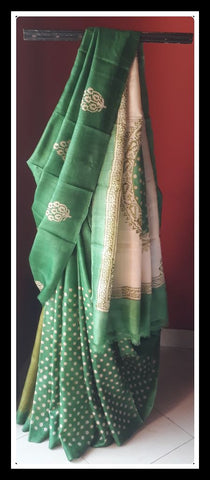 Green Glamour Block Printed Pure Silk Mark Certified Tussar Silk Sarees