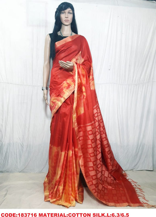 Red Orange Pure Cotton Silk Sarees - Dailybuyys