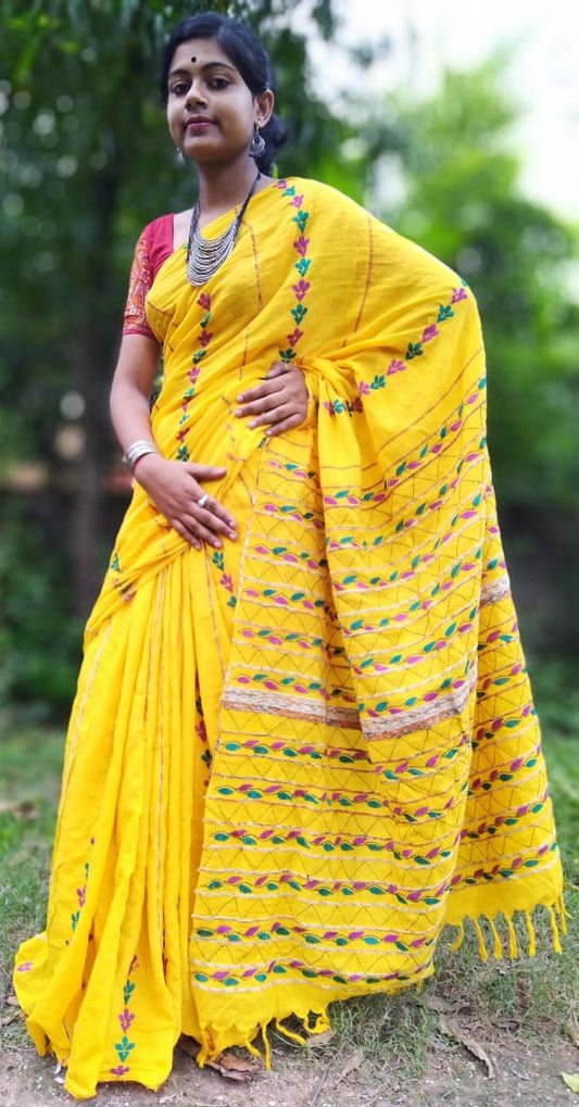Yellow Pure Cotton Khesh Sarees - Dailybuyys