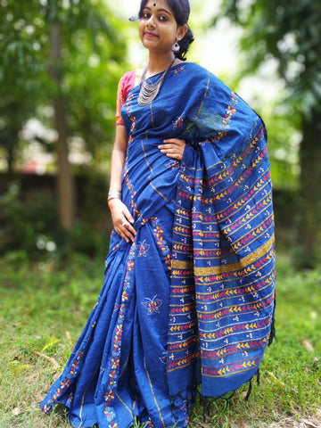 Blue Pure Cotton Khesh Sarees Get Extra 10% Discount on All Prepaid Transaction