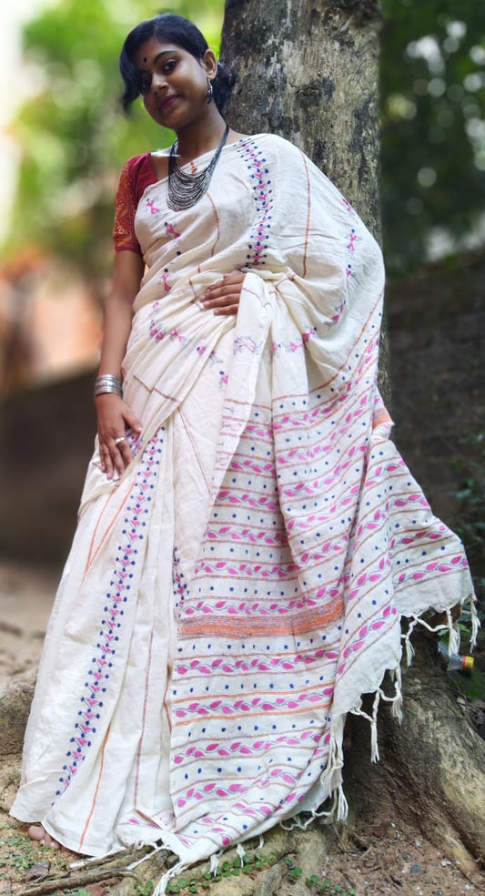 White Pure Cotton Khesh Sarees - Dailybuyys