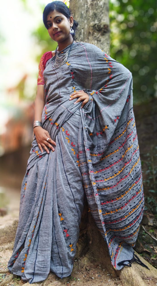 Grey Pure Cotton Khesh Sarees - Dailybuyys